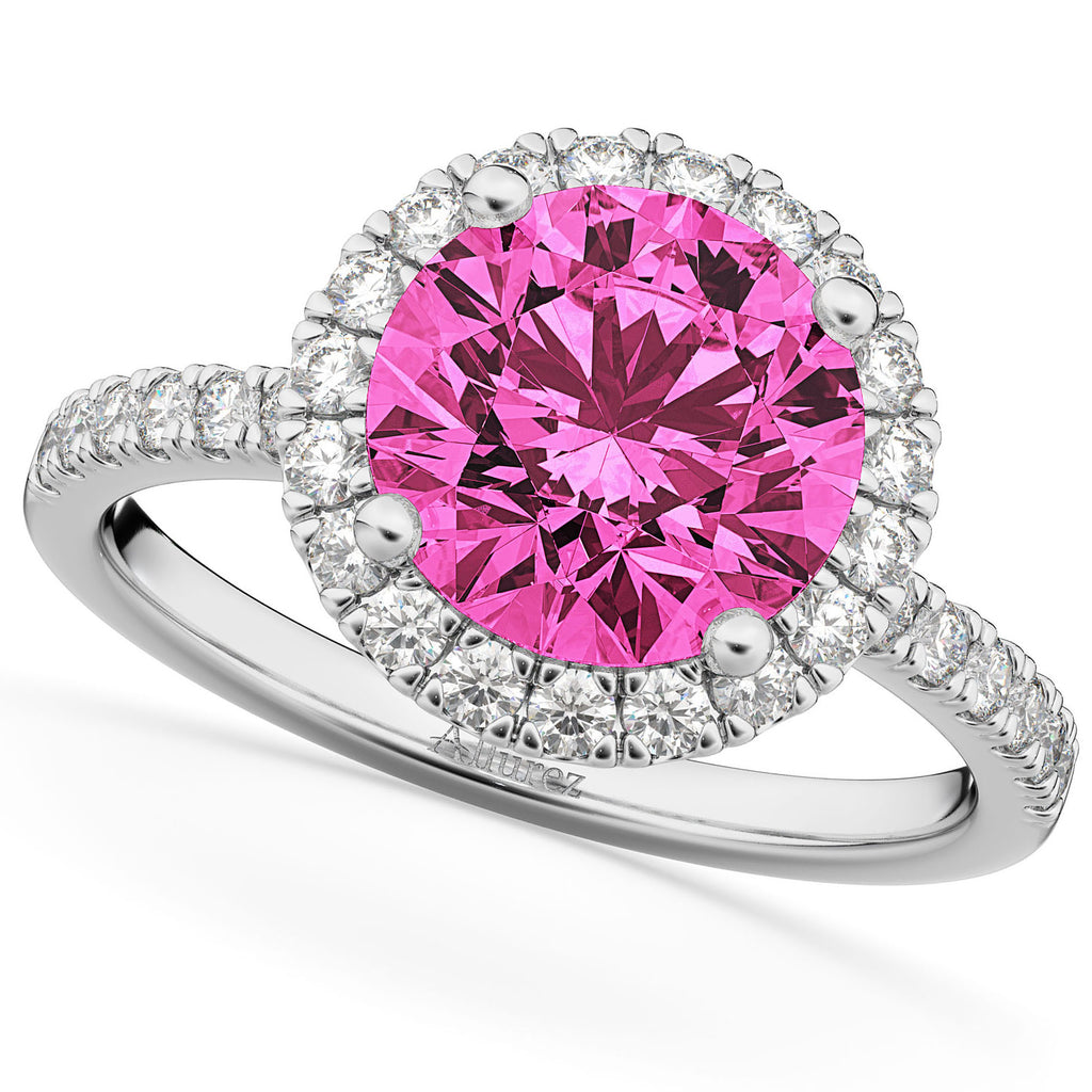 Pink Tourmaline & Diamond Round-Cut Halo Bridal Set 14K White Gold (2.77ct)