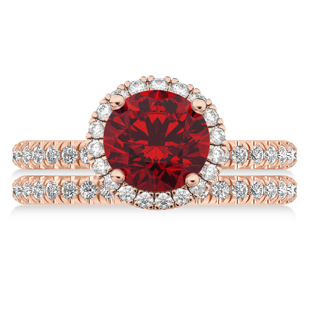Ruby & Diamond Round-Cut Halo Bridal Set 14K Rose Gold (3.07ct)
