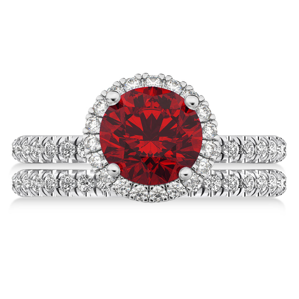 Ruby & Diamond Round-Cut Halo Bridal Set 14K White Gold (3.07ct)