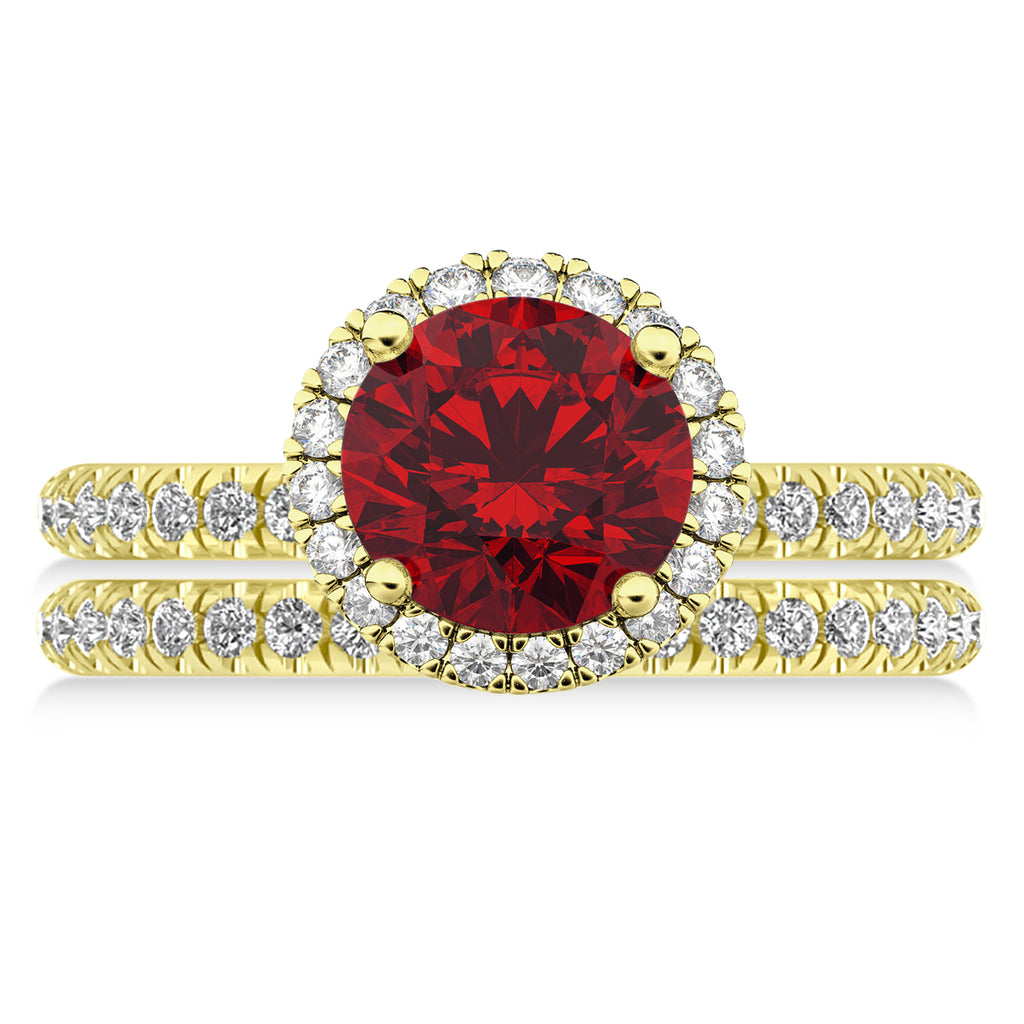 Ruby & Diamond Round-Cut Halo Bridal Set 18K Yellow Gold (3.07ct)