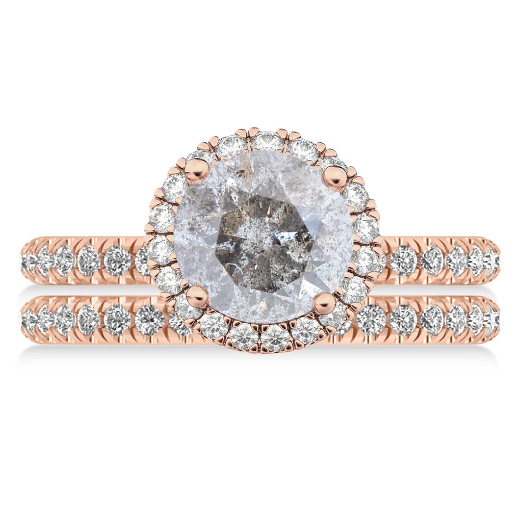 Salt & Pepper & White Diamond Round-Cut Halo Bridal Set 14K Rose Gold (2.77ct)