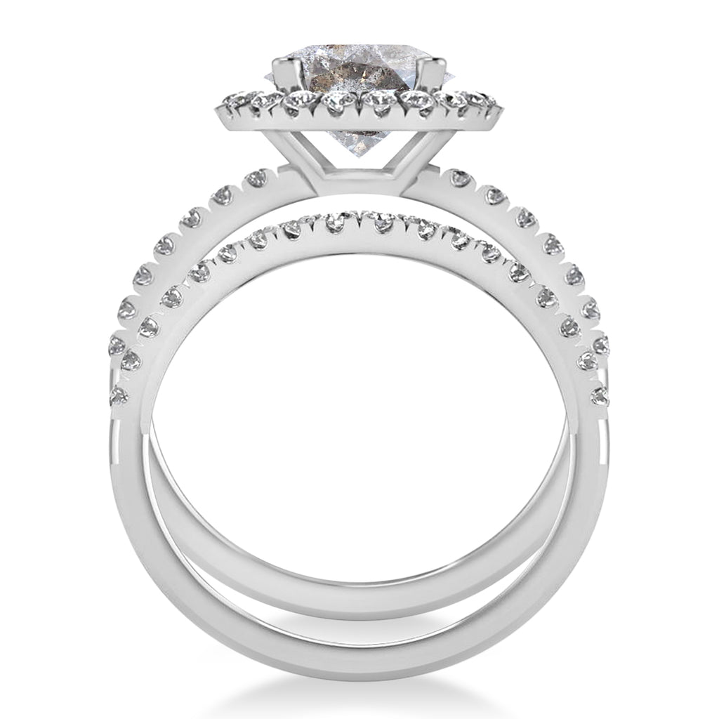 Salt & Pepper & White Diamond Round-Cut Halo Bridal Set 18K White Gold (2.77ct)