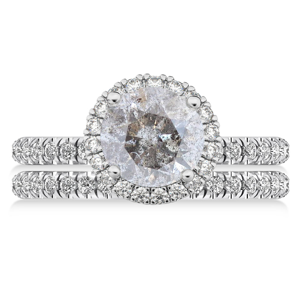 Salt & Pepper & White Diamond Round-Cut Halo Bridal Set 18K White Gold (2.77ct)