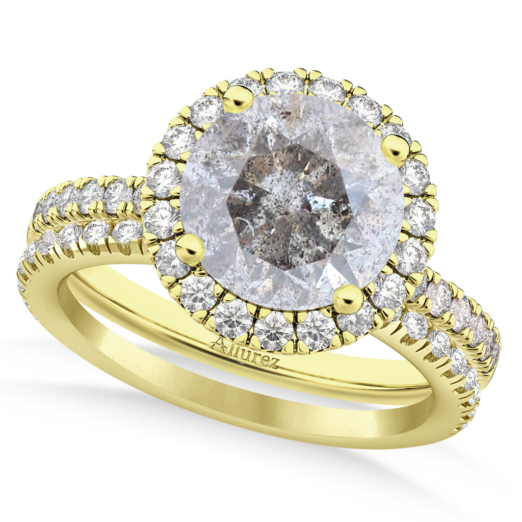 Salt & Pepper & White Diamond Round-Cut Halo Bridal Set 18K Yellow Gold (2.77ct)