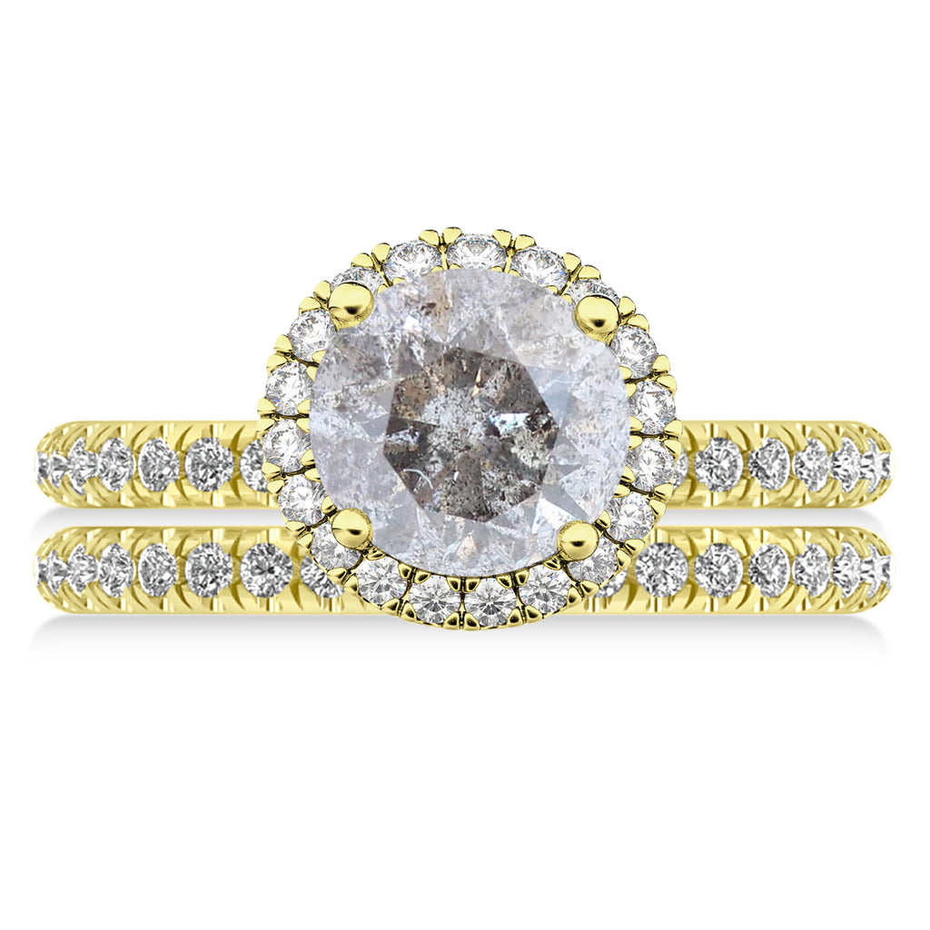 Salt & Pepper & White Diamond Round-Cut Halo Bridal Set 18K Yellow Gold (2.77ct)