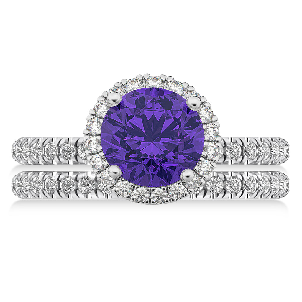 Tanzanite & Diamond Round-Cut Halo Bridal Set 14K White Gold (3.07ct)