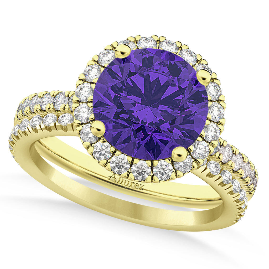 Tanzanite & Diamond Round-Cut Halo Bridal Set 18K Yellow Gold (3.07ct)
