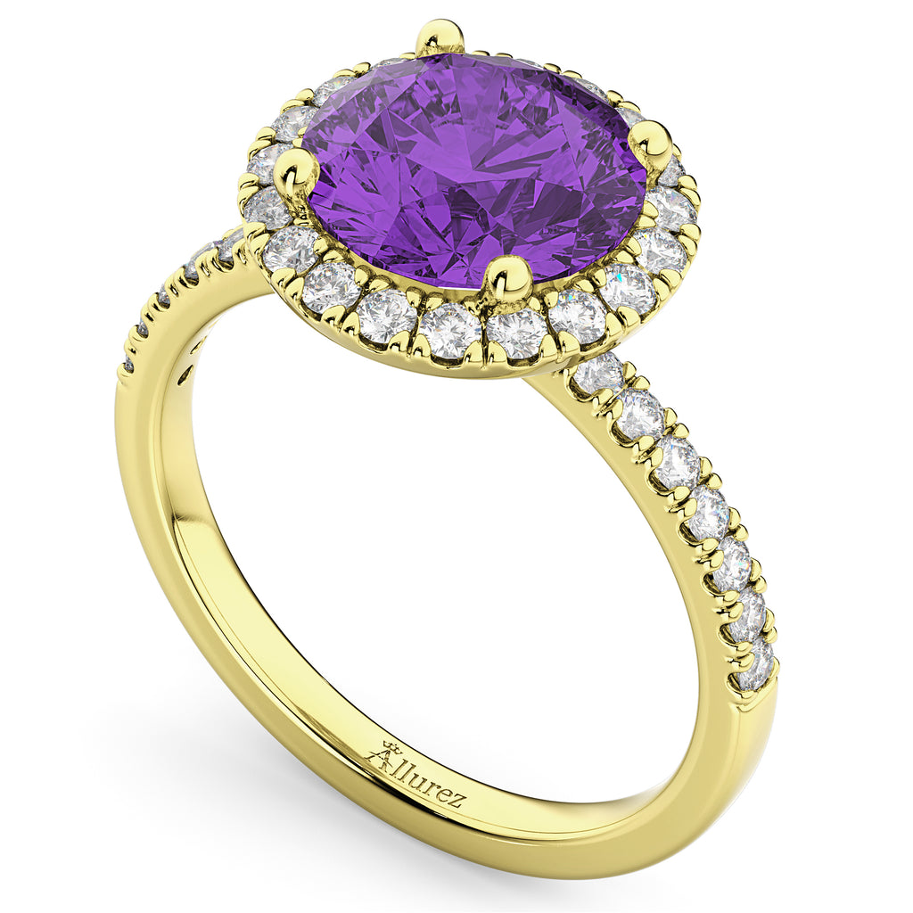 Halo Amethyst & Diamond Engagement Ring 14K Yellow Gold 2.30ct