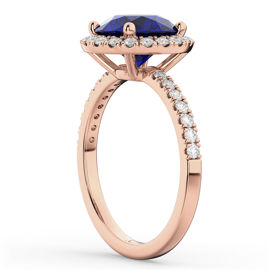 Halo Blue Sapphire & Diamond Engagement Ring 14K Rose Gold 2.80ct