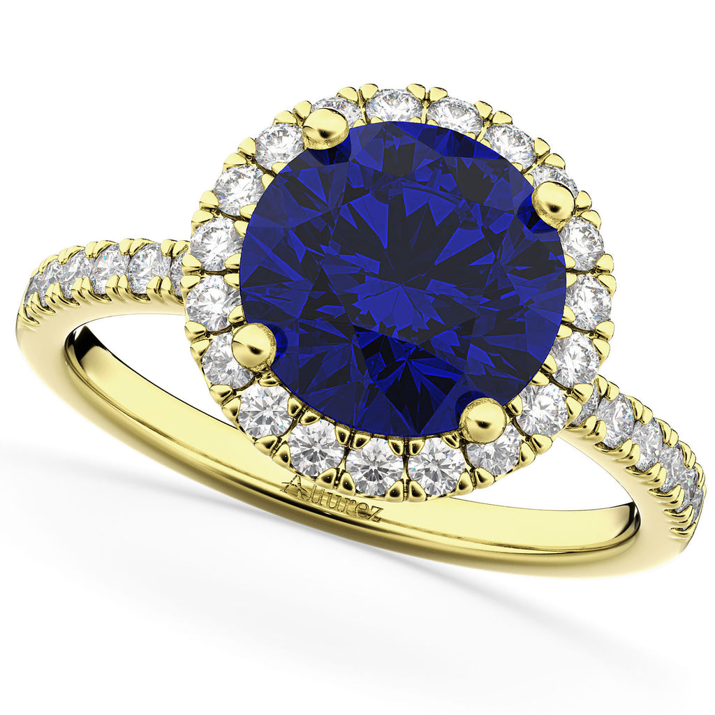 Halo Blue Sapphire & Diamond Engagement Ring 14K Yellow Gold 2.80ct