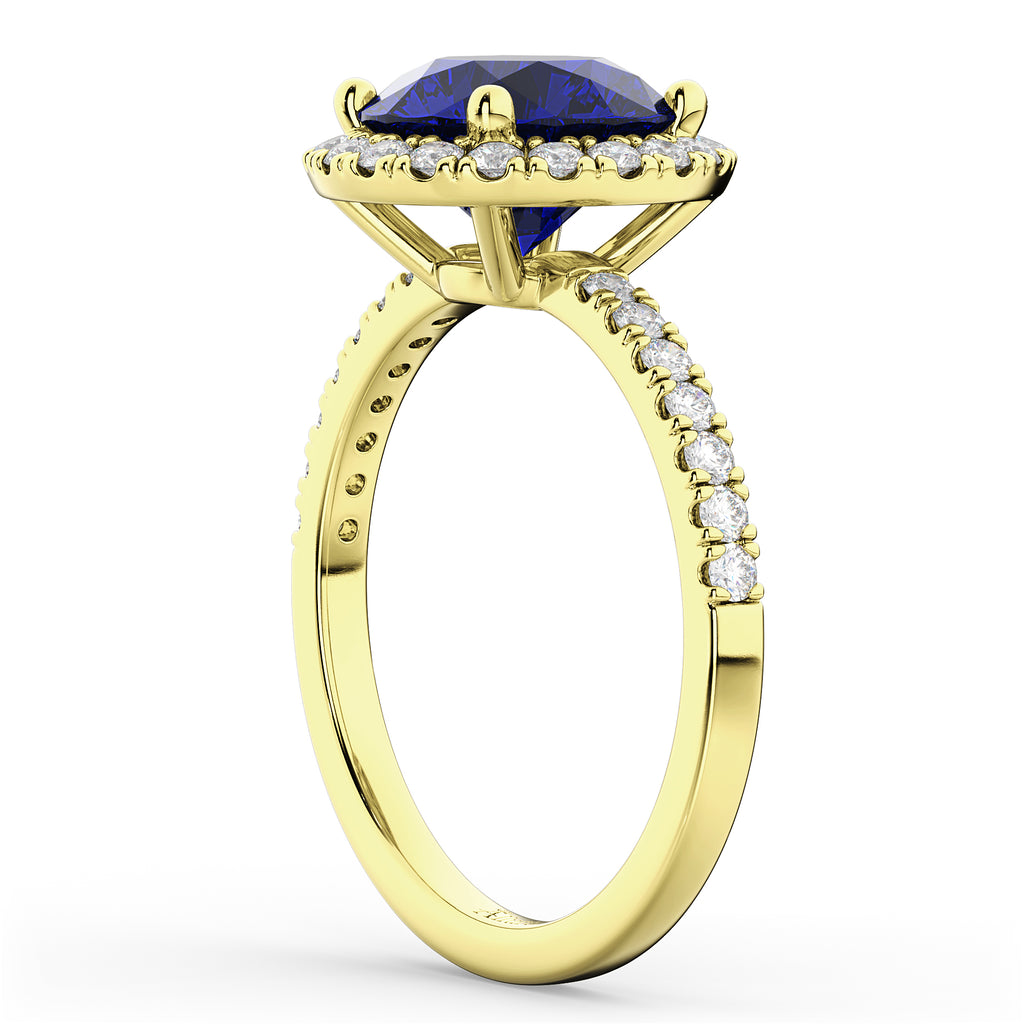 Halo Blue Sapphire & Diamond Engagement Ring 14K Yellow Gold 2.80ct