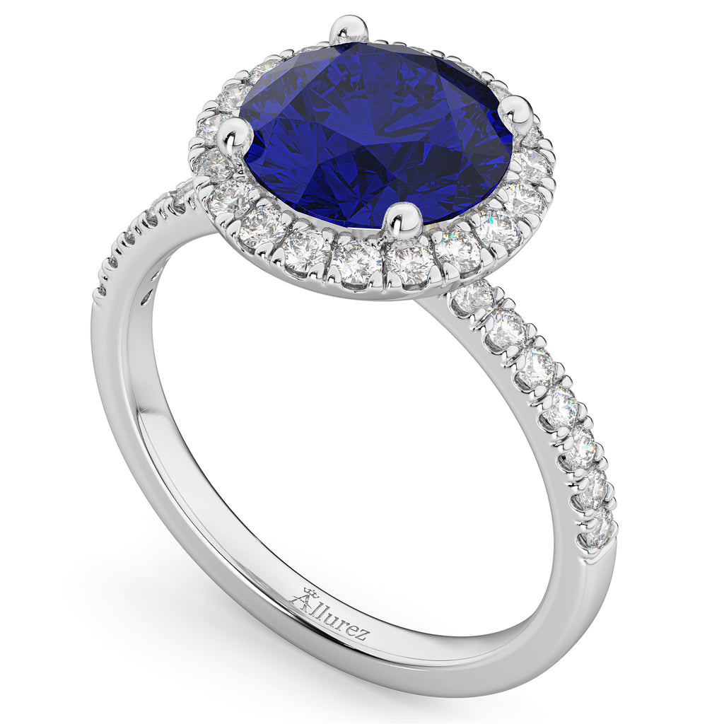 Halo Blue Sapphire & Diamond Engagement Ring Platinum 2.80ct
