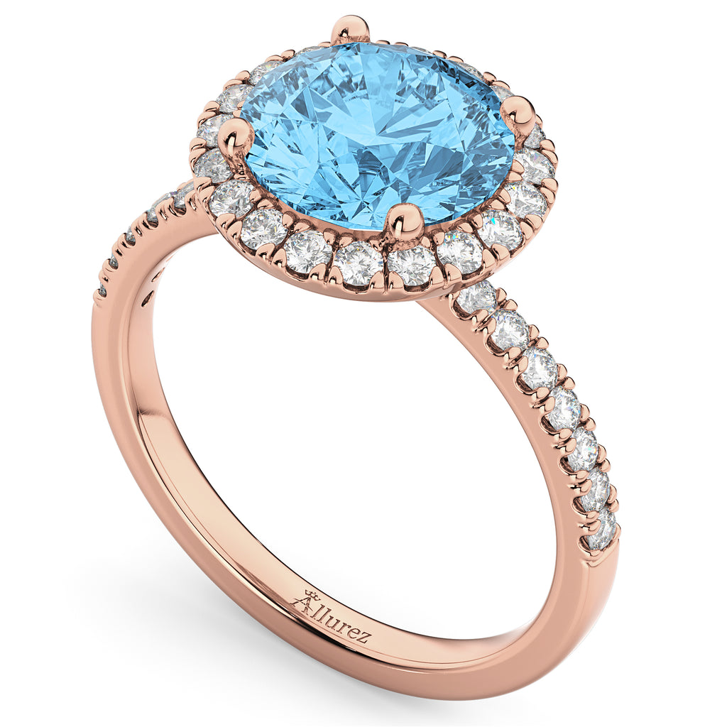 Halo Blue Topaz & Diamond Engagement Ring 14K Rose Gold 3.00ct