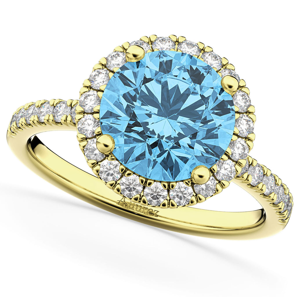 Halo Blue Topaz & Diamond Engagement Ring 14K Yellow Gold 3.00ct