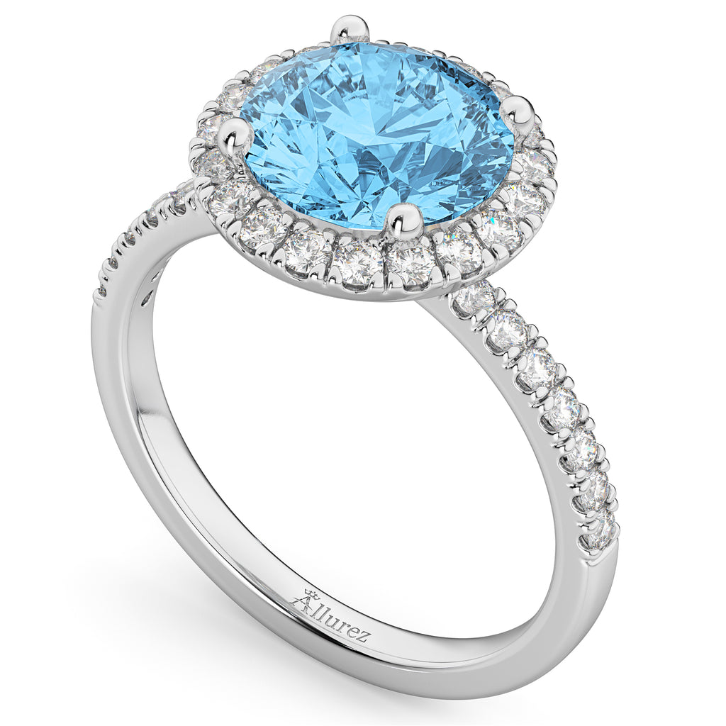 Halo Blue Topaz & Diamond Engagement Ring 18K White Gold 3.00ct