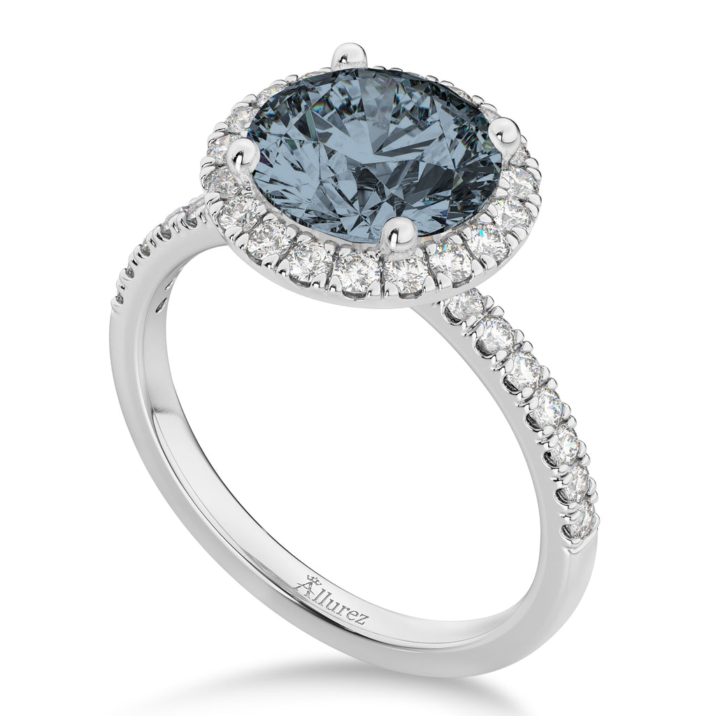 Halo Gray Spinel & Diamond Engagement Ring 14K White Gold 1.90ct