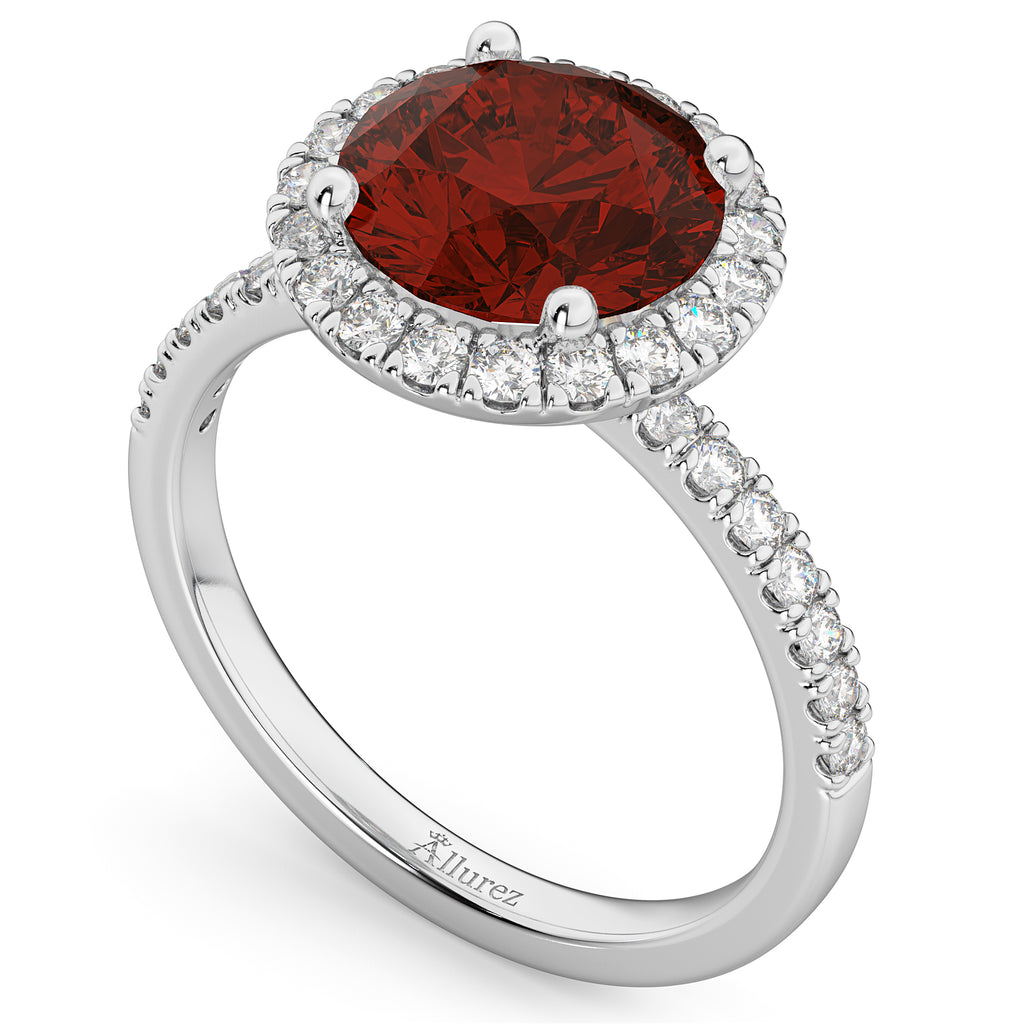 Halo Garnet & Diamond Engagement Ring 14K White Gold 3.00ct