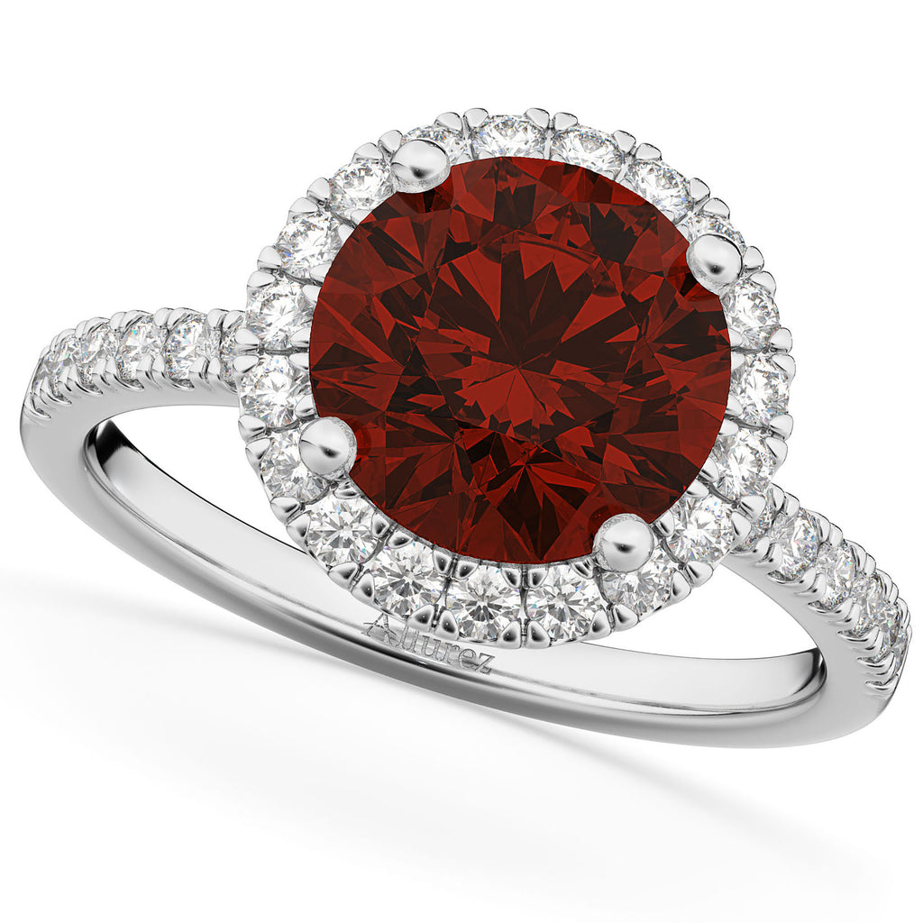 Halo Garnet & Diamond Engagement Ring 18K White Gold 3.00ct