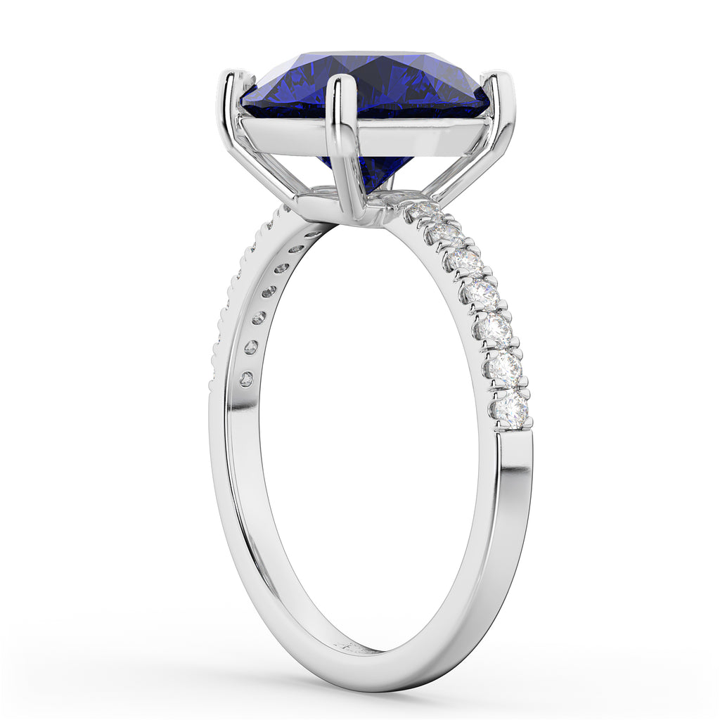 Lab Blue Sapphire & Diamond Engagement Ring 18K White Gold 2.51ct