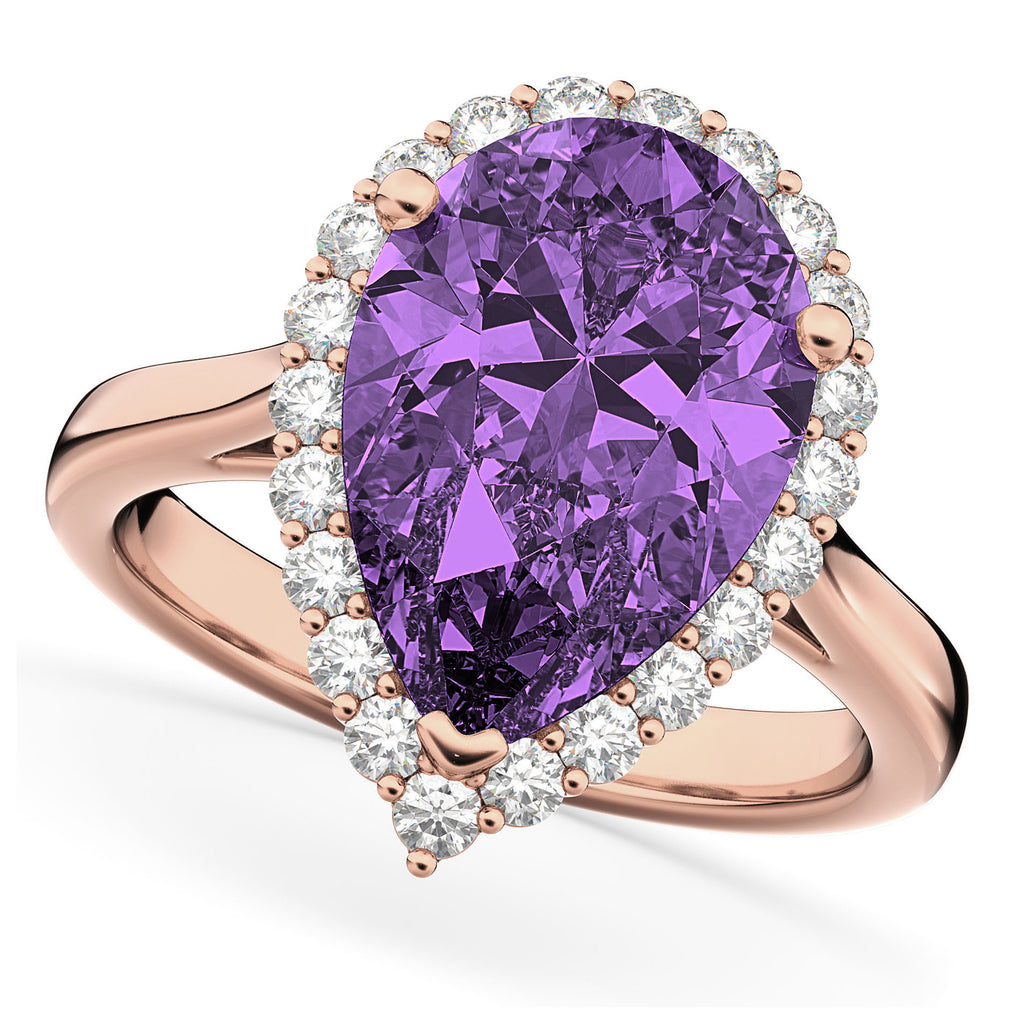 Pear Cut Halo Amethyst & Diamond Engagement Ring 14K Rose Gold 5.44ct
