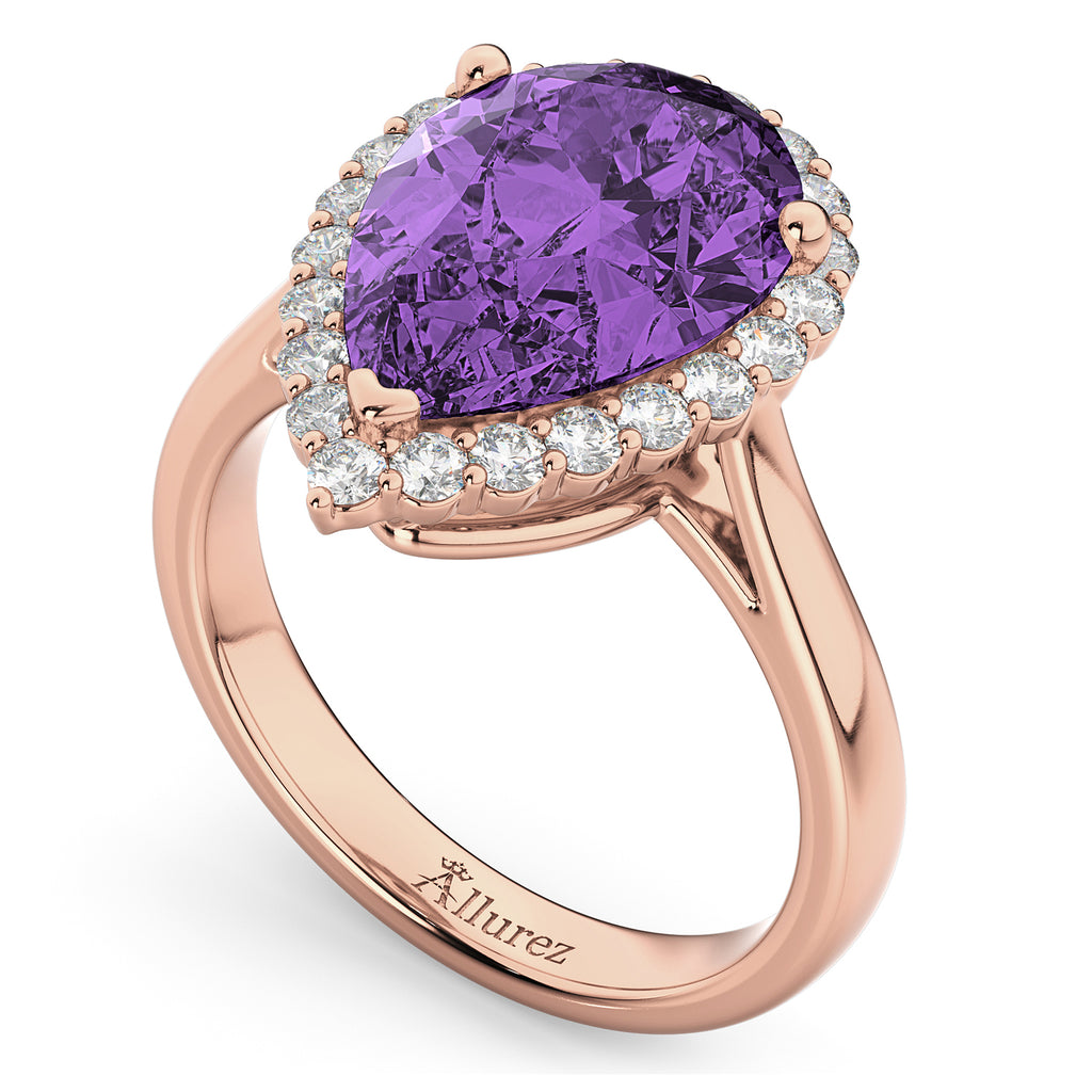 Pear Cut Halo Amethyst & Diamond Engagement Ring 14K Rose Gold 5.44ct