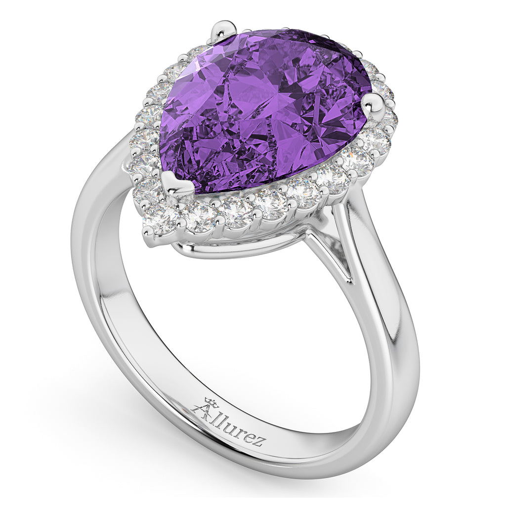 Pear Cut Halo Amethyst & Diamond Engagement Ring 14K White Gold 5.44ct