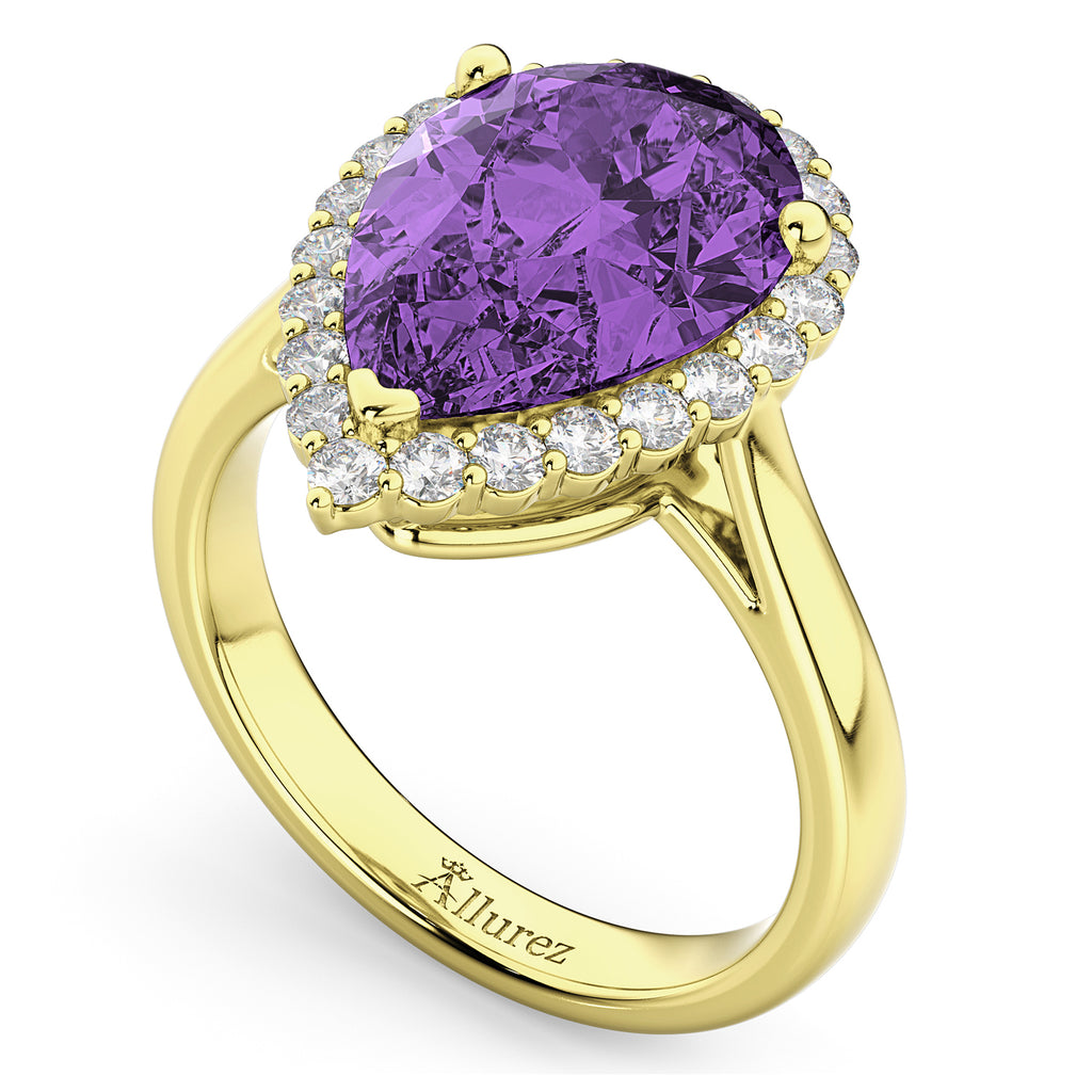 Pear Cut Halo Amethyst & Diamond Engagement Ring 14K Yellow Gold 5.44ct