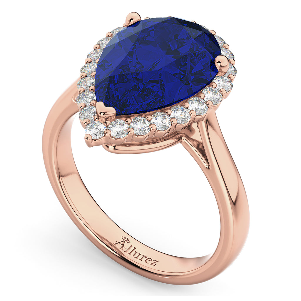 Pear Cut Halo Blue Sapphire & Diamond Engagement Ring 14K Rose Gold 8.34ct