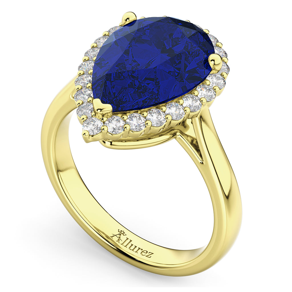 Pear Cut Halo Blue Sapphire & Diamond Engagement Ring 14K Yellow Gold 8.34ct