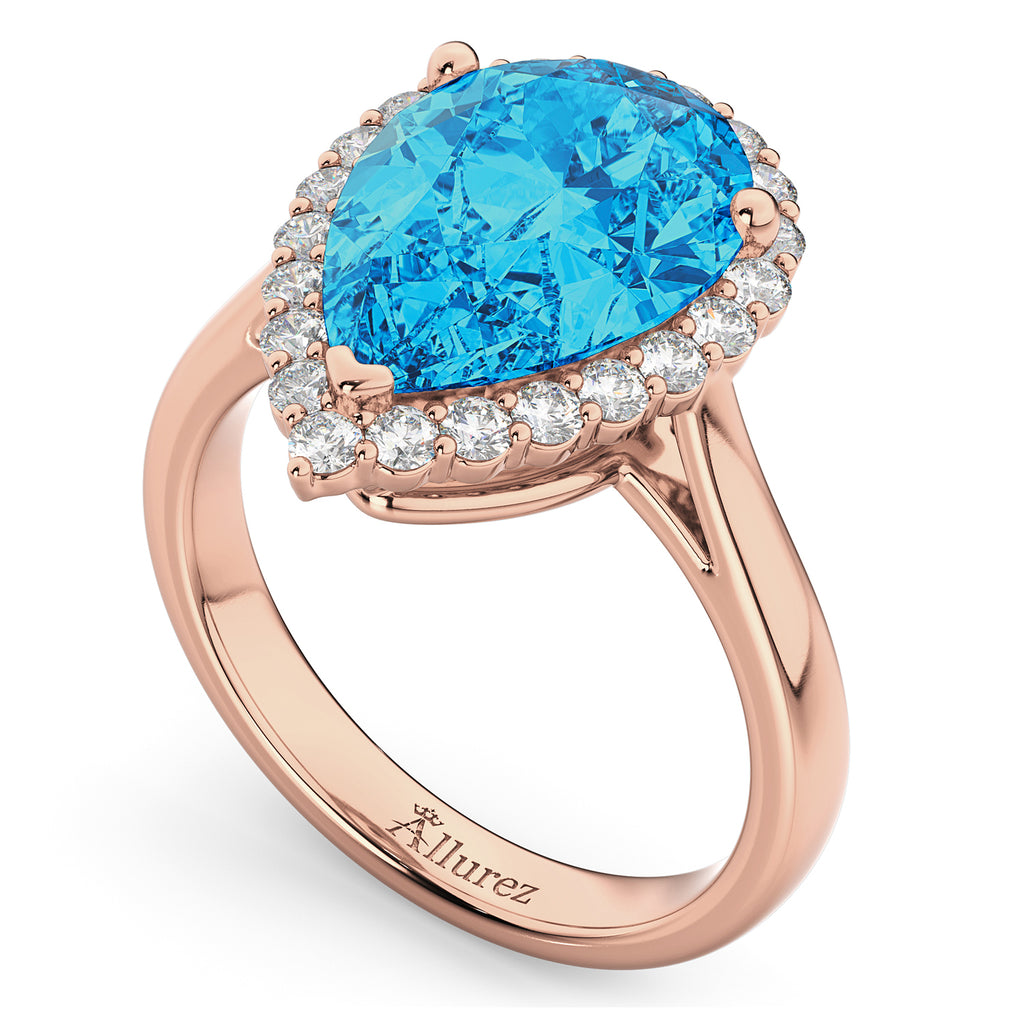 Pear Cut Halo Blue Topaz & Diamond Engagement Ring 14K Rose Gold 8.94ct
