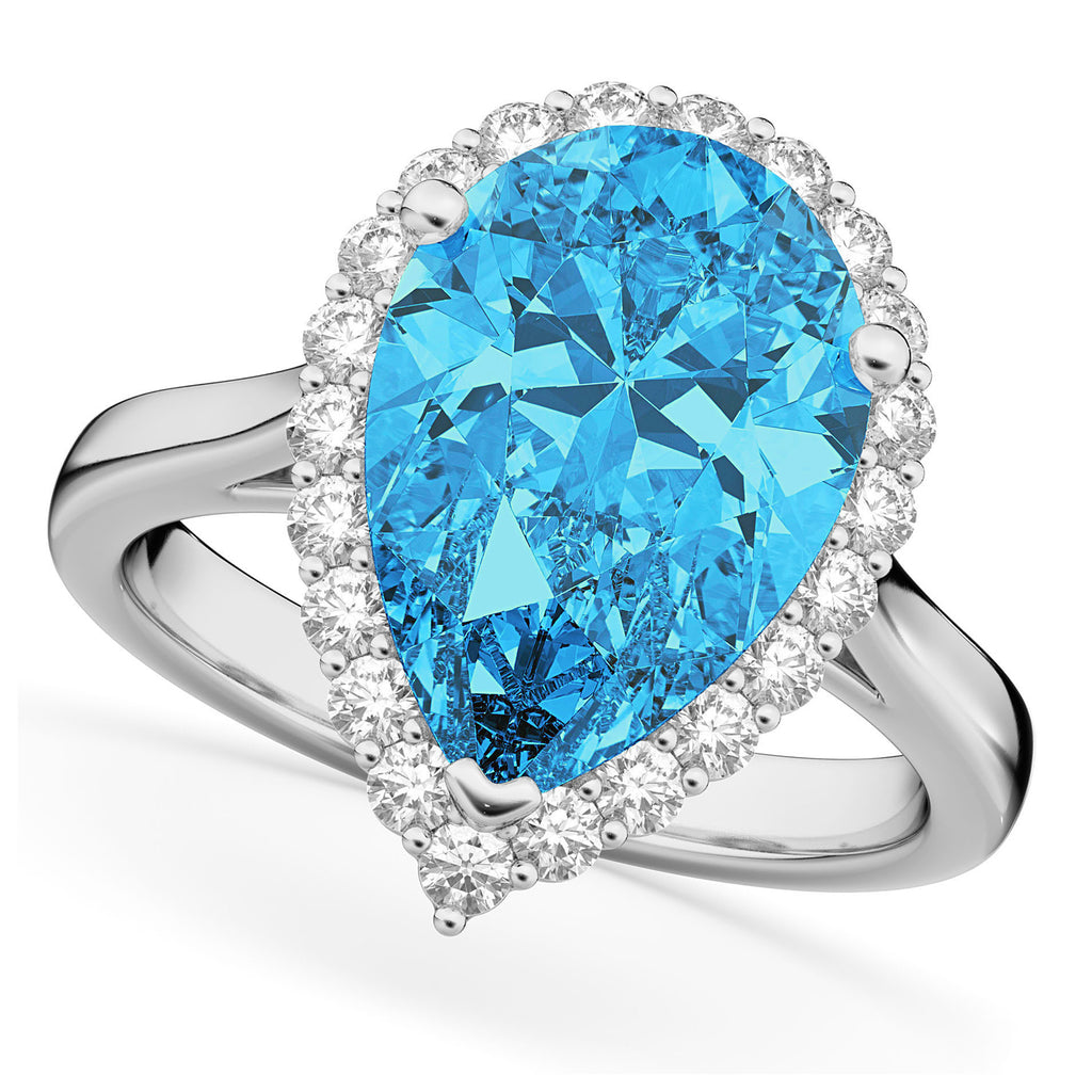 Pear Cut Halo Blue Topaz & Diamond Engagement Ring 14K White Gold 8.94ct