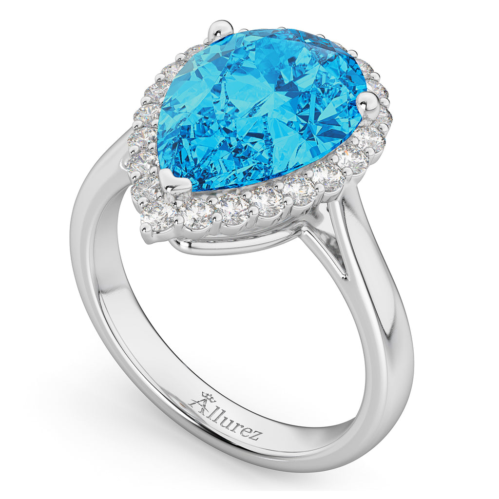 Pear Cut Halo Blue Topaz & Diamond Engagement Ring 14K White Gold 8.94ct