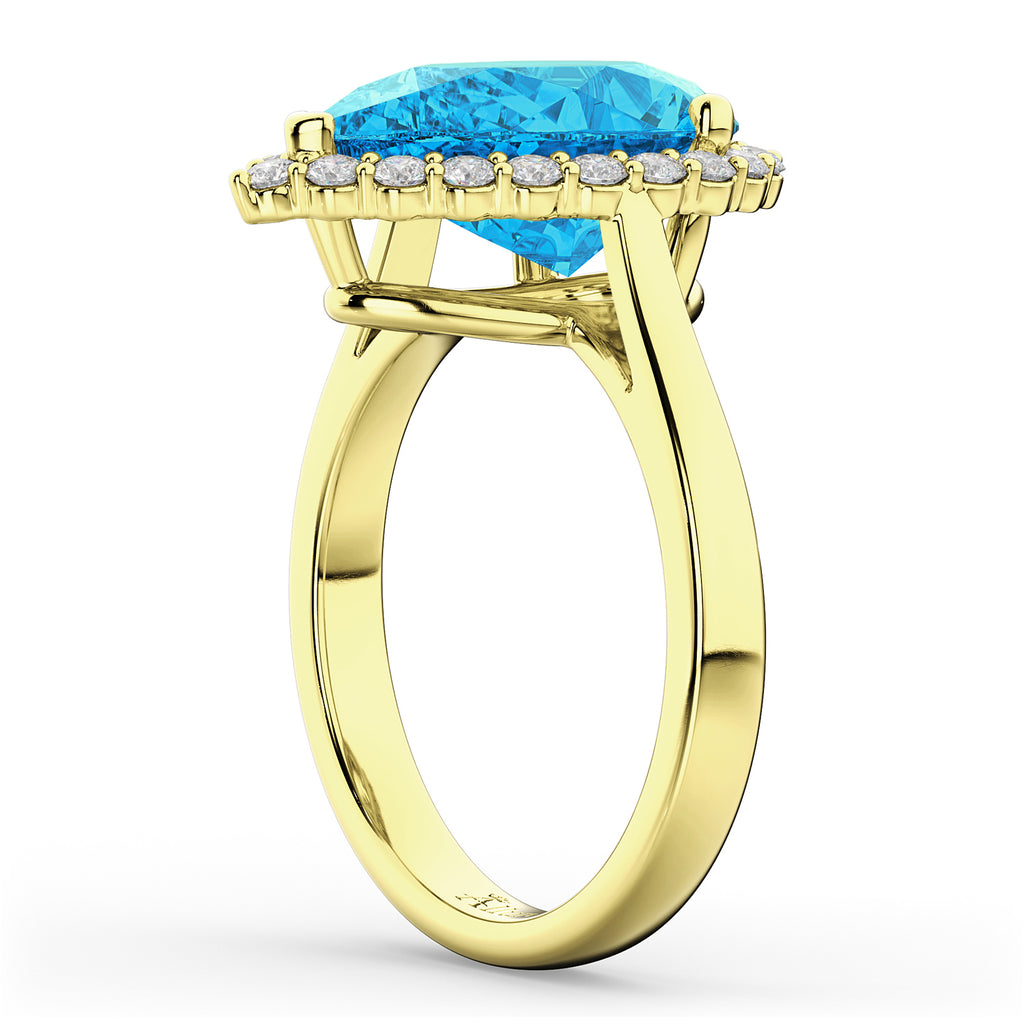 Pear Cut Halo Blue Topaz & Diamond Engagement Ring 14K Yellow Gold 8.94ct