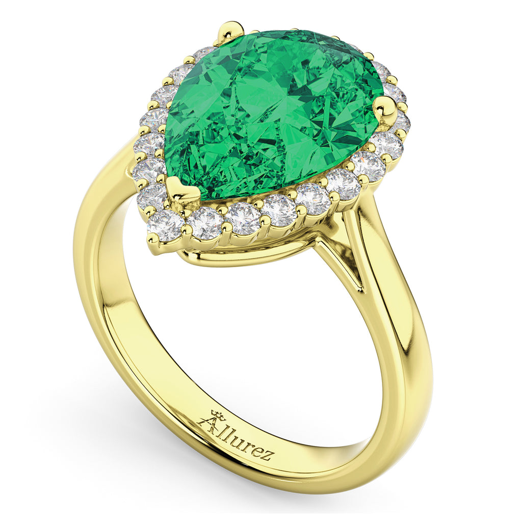 Pear Cut Halo Emerald & Diamond Engagement Ring 14K Yellow Gold 6.54ct