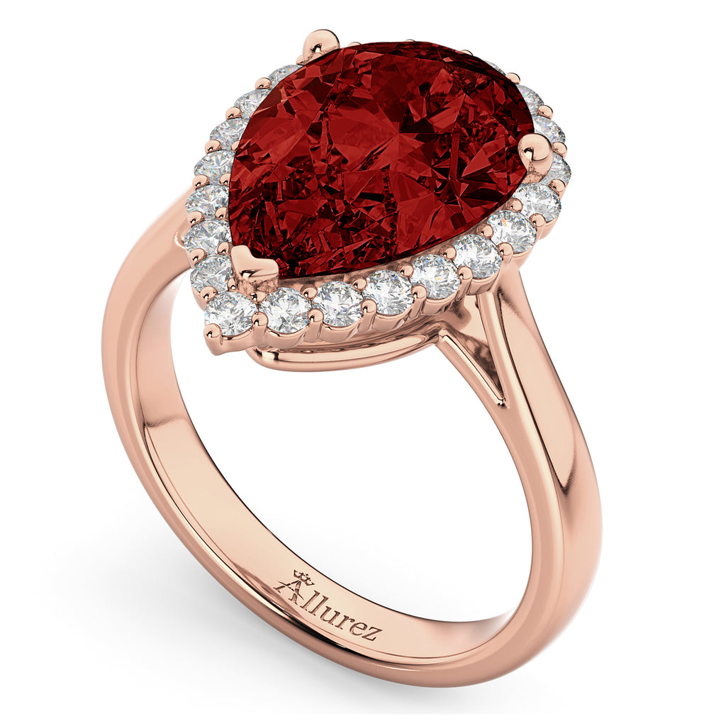 Pear Cut Halo Garnet & Diamond Engagement Ring 14K Rose Gold 6.24ct