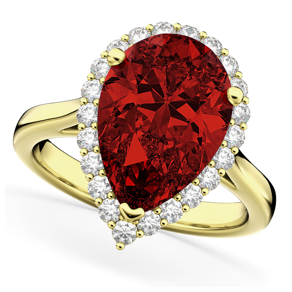 Pear Cut Halo Garnet & Diamond Engagement Ring 14K Yellow Gold 6.24ct