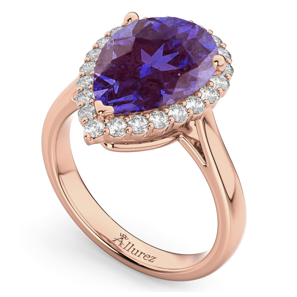 Pear Cut Halo Lab Alexandrite & Diamond Engagement Ring 14K Rose Gold 5.44ct