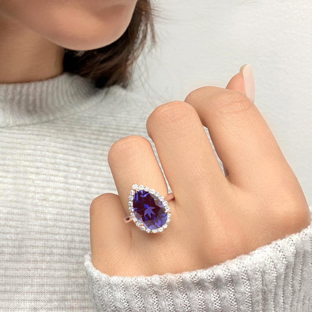 Pear Cut Halo Lab Alexandrite & Diamond Engagement Ring 14K Rose Gold 5.44ct