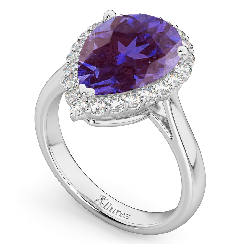 Pear Cut Halo Lab Alexandrite & Diamond Engagement Ring 14K White Gold 5.44ct