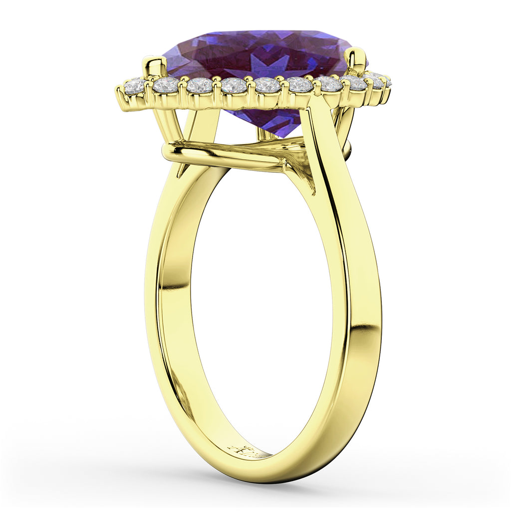Pear Cut Halo Lab Alexandrite & Diamond Engagement Ring 14K Yellow Gold 5.44ct
