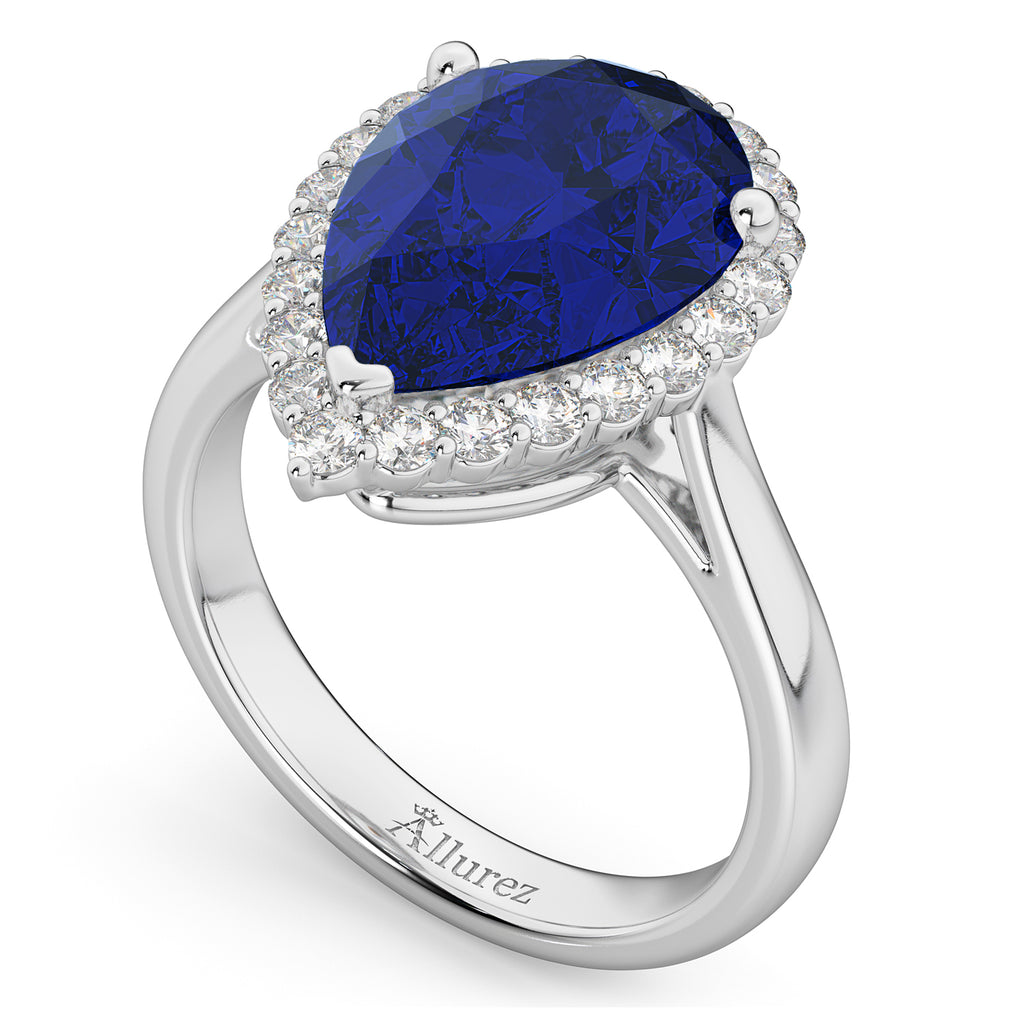 Pear Cut Halo Lab Blue Sapphire & Diamond Engagement Ring 14K White Gold 8.34ct
