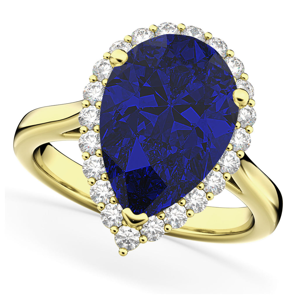Pear Cut Halo Lab Blue Sapphire & Diamond Engagement Ring 14K Yellow Gold 8.34ct