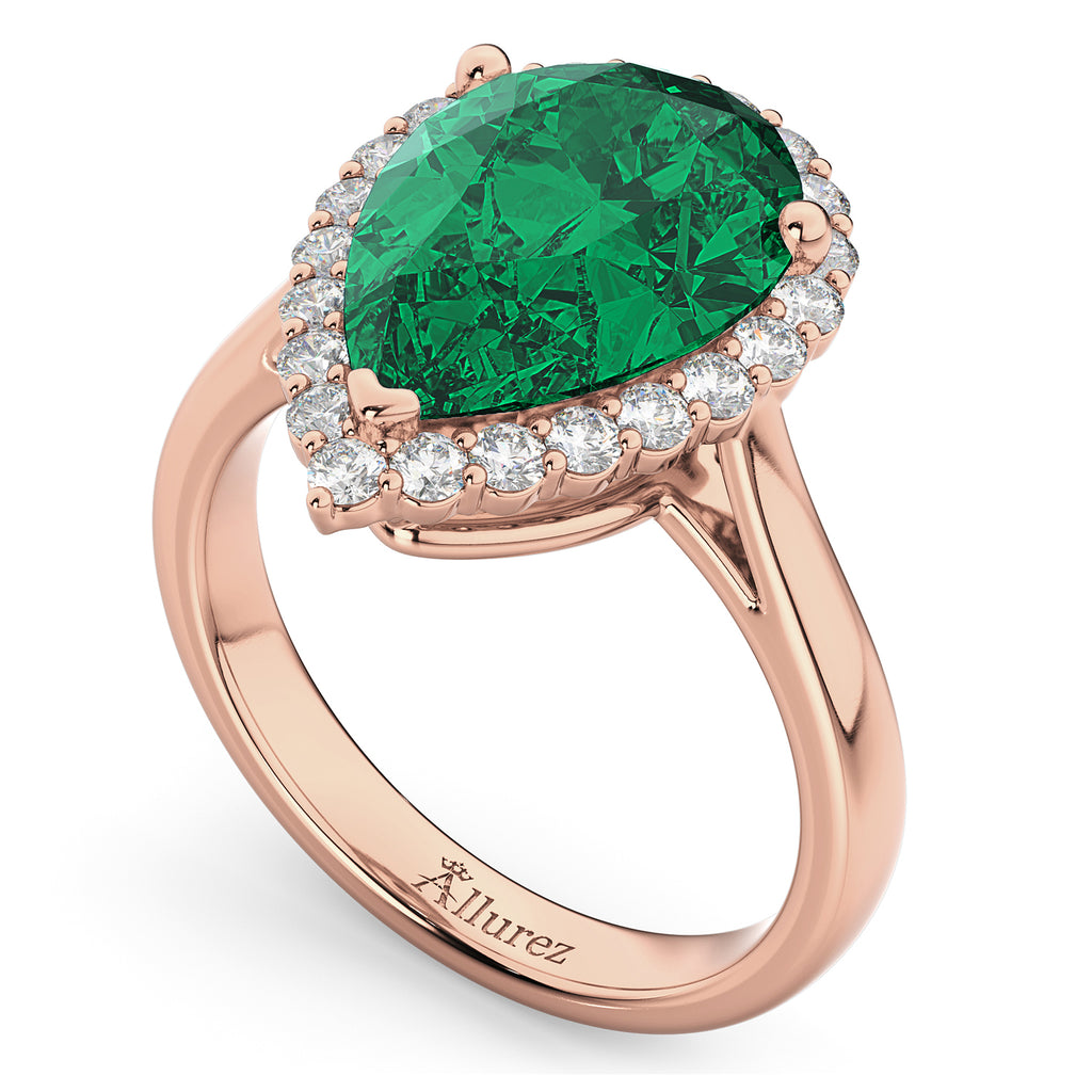 Pear Cut Halo Lab Emerald & Diamond Engagement Ring 14K Rose Gold 6.54ct