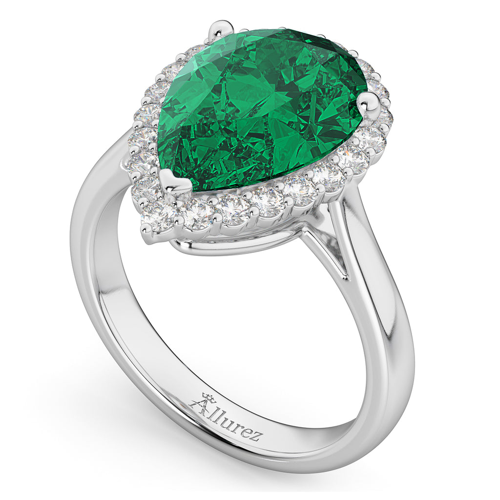 Pear Cut Halo Lab Emerald & Diamond Engagement Ring 14K White Gold 6.54ct