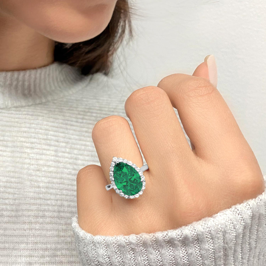 Pear Cut Halo Lab Emerald & Diamond Engagement Ring 14K White Gold 6.54ct