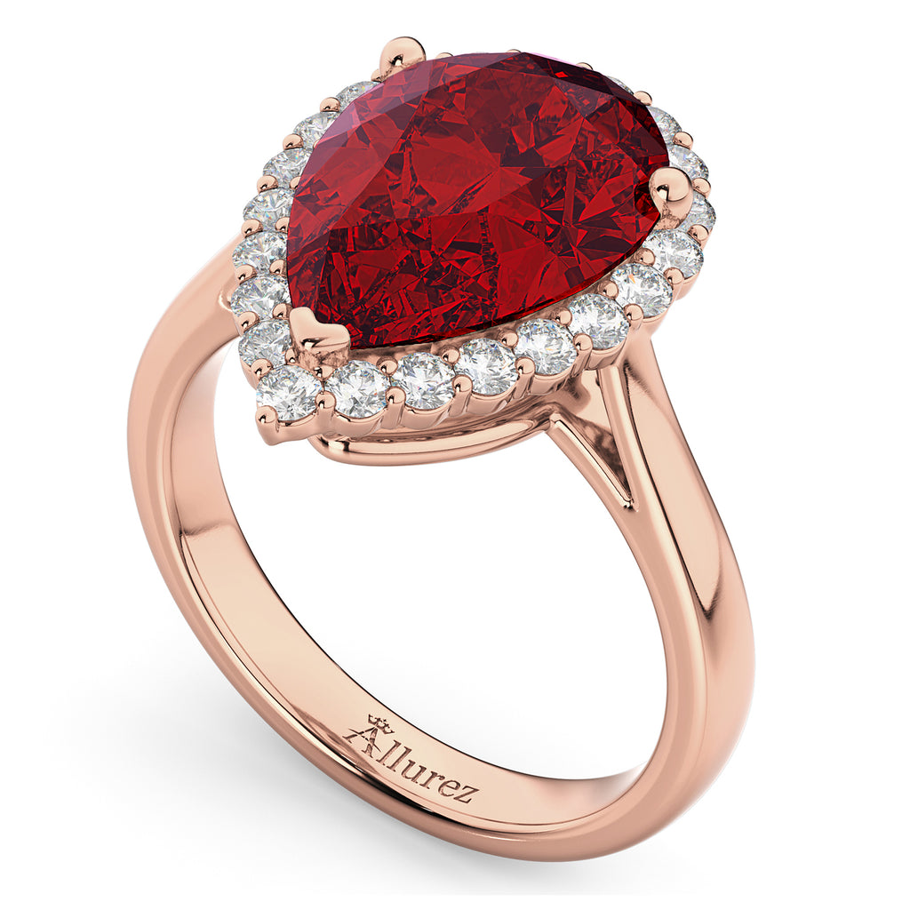 Pear Cut Halo Lab Ruby & Diamond Engagement Ring 14K Rose Gold 8.34ct