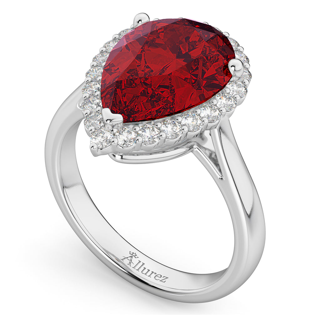 Pear Cut Halo Lab Ruby & Diamond Engagement Ring 14K White Gold 8.34ct