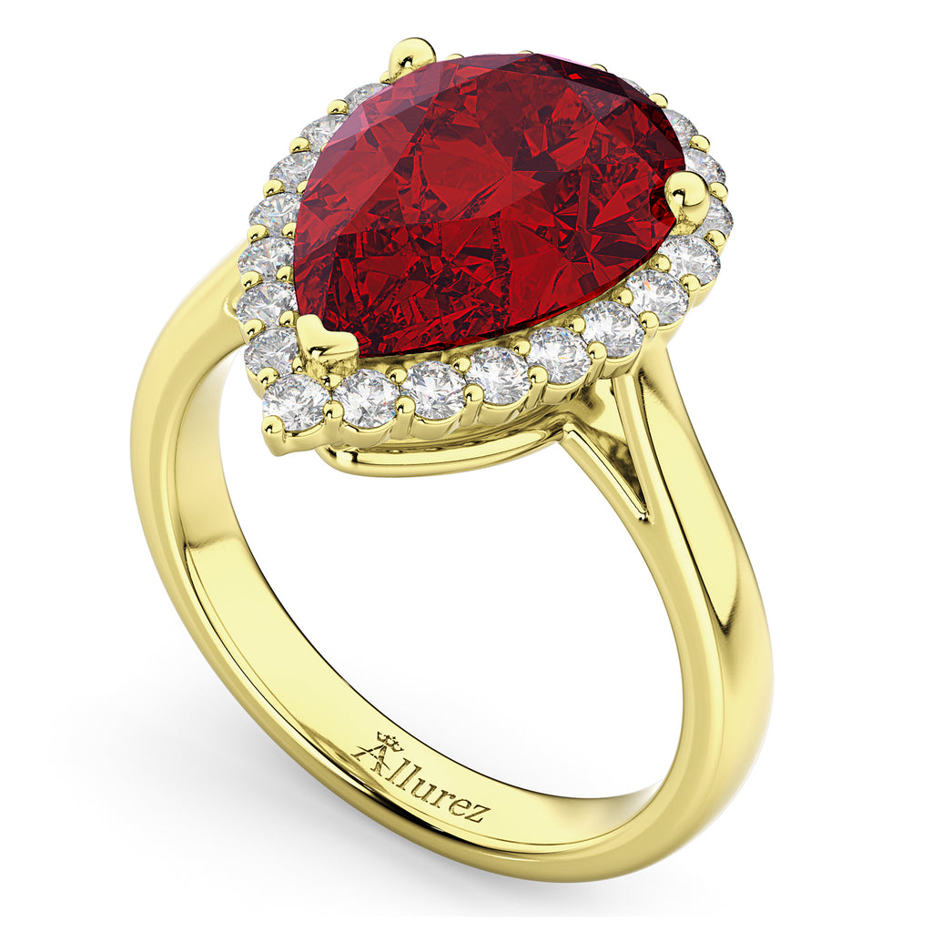 Pear Cut Halo Lab Ruby & Diamond Engagement Ring 14K Yellow Gold 8.34ct