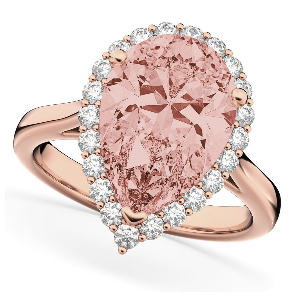 Pear Cut Halo Morganite & Diamond Engagement Ring 14K Rose Gold 4.74ct