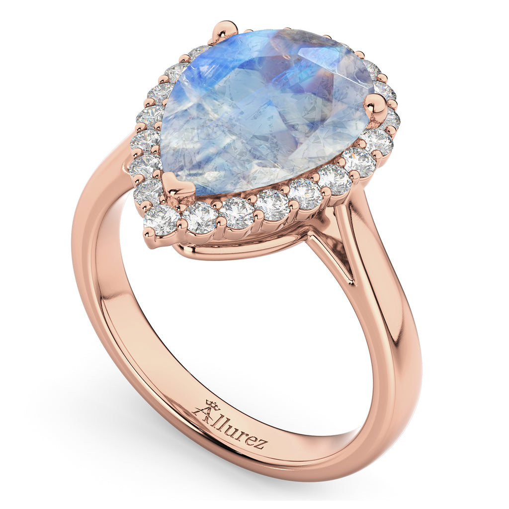 Pear Cut Halo Moonstone & Diamond Engagement Ring 14K Rose Gold 4.69ct